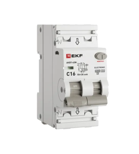 Диф.автомат 16А 30мА АВДТ-63N 6кА электронный тип А , 1P+N EKF PROxima НОВАЯ ЛИНЕЙКА