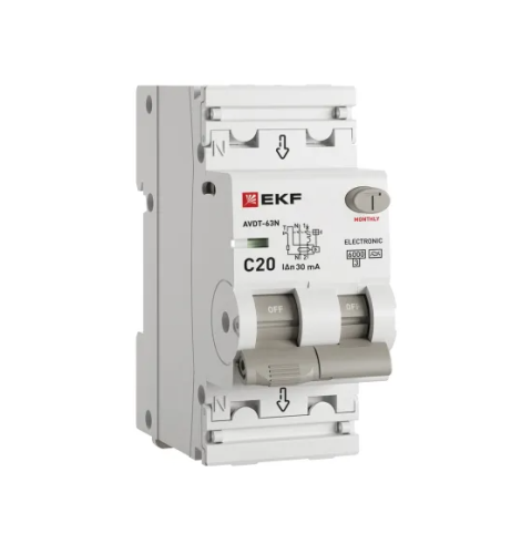 Диф.автомат 20А 30мА АВДТ-63N 6кА электронный тип А , 1P+N EKF PROxima НОВАЯ ЛИНЕЙКА